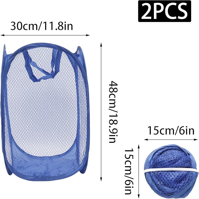 2Pcs Small Laundry Hampers, Folding Popup Mesh Laundry Basket, Collapsible Dirty Clothes Hamper, Portable Mesh Popup Hamper, Ideal for Bedroom, Travel and Home Use (Black & Dark Blue)