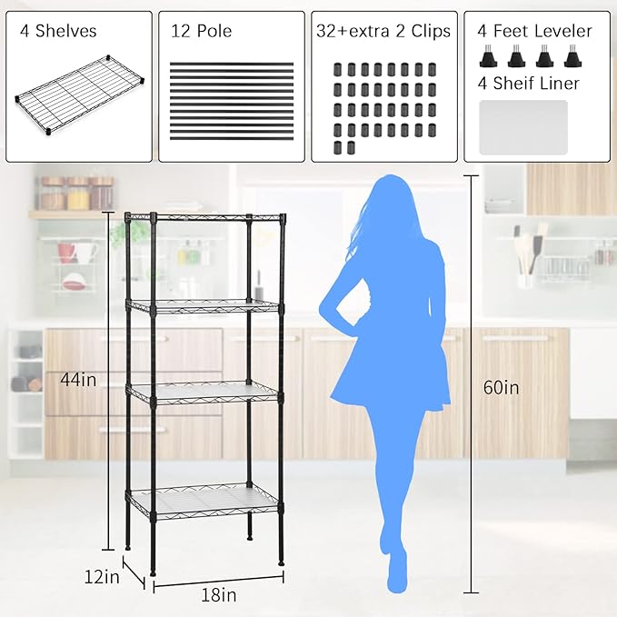 Wire Shelving Unit with PP Liners, 4 Tier Metal Storage Shelves for Laundry Room Organization, Closet Shelf Organizer, Kitchen Rack, Garage Storage, Black, 18" x 12" x 44" ﻿