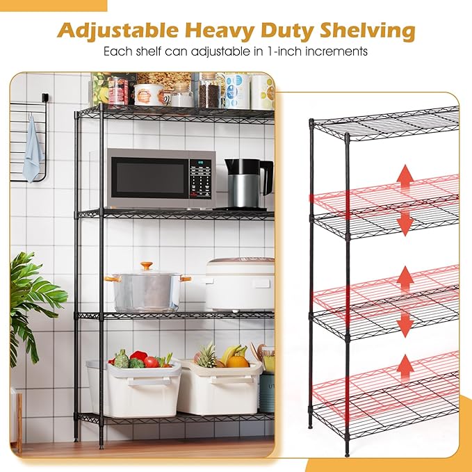 4-Tier Adjustable Metal Shelving Unit, Heavy Duty Garage Storage Rack, Wire Shelves & Closet Organizers, Utility Shelf for Kitchen, Pantry, Garage – Black, 53.7" W x 13.4" D x 35" H, 800 lbs