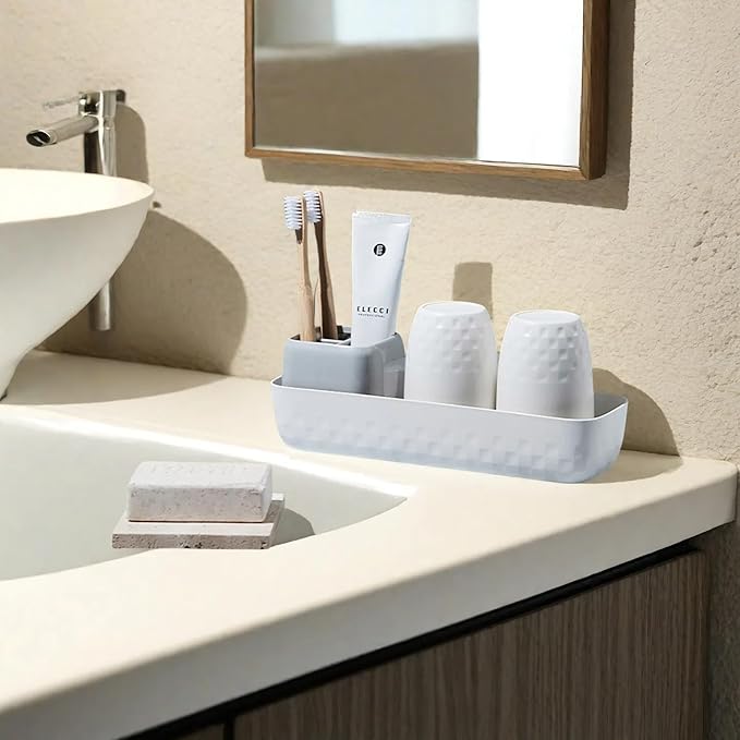 Toothbrush Holder for Bathroom, Electric Toothbrush and Toothpaste Organizer with 2 Cups, Bathroom Accessories Set for Kids and Families, White & Grey