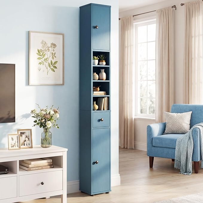 Tangkula Tall Slim Bathroom Storage Cabinet, 71" Freestanding Bathroom Cabinet w/ 2 Doors, 1 Drawer & 5 Adjustable Shelves, Floor Narrow Tower Cabinet for Small Spaces, 8" x 8" x 71" (Blue)