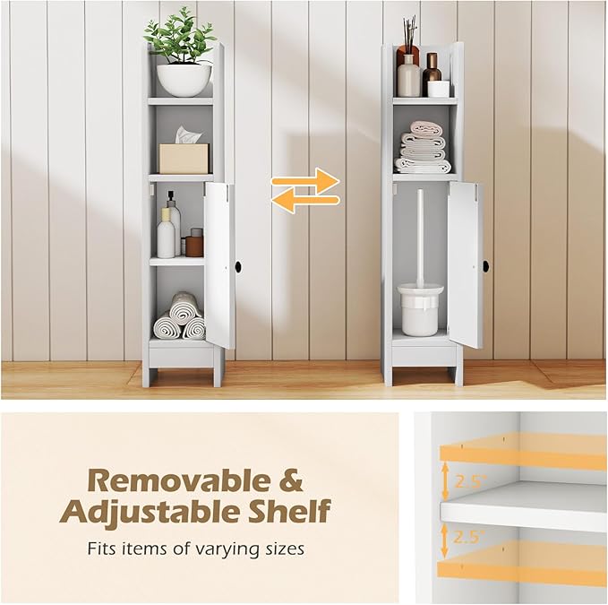 LOKO Narrow Bathroom Storage Cabinet, Modern Small Corner Floor Cabinet with 3-Level Adjustable Shelf, Slim Toilet Paper Holder Stand for Small Spaces, Laundry Room, Kitchen (White)