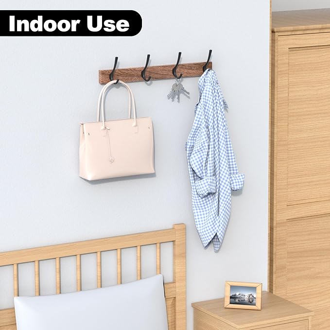 17 Inch Walnut Wood Wall Mounted Coat Rack with 4 Black Double Hooks, Adhesive Mounted Entryway Hooks, Modern Natural Wooden Pegs for Hanging Coat Clothes Hat Bag Purse Key and Towel