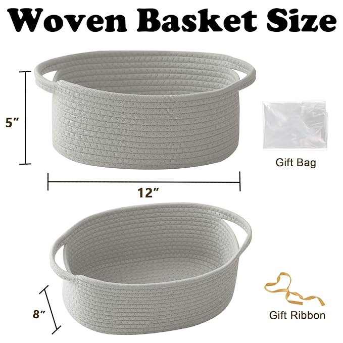 2 Pack Small Woven Rope Basket-Empty Gifts Basket with Bag and Ribbons,Cute Handle Organizer Box for Birthday/Baby Shower, Toy Storage, Nursery Organizing & Shelf Decor(Grey)