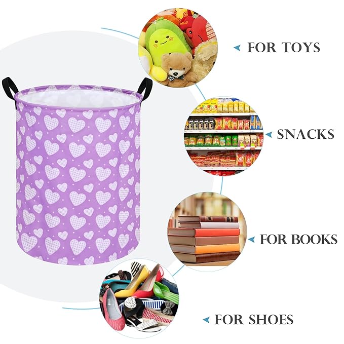 19.7 Inch Round Purple Love Laundry Hamper Laundry Basket Fabric Storage Hamper Organization Basket, Storage Bin, Toy Box,Valentine's Day Gift Basket with Handles for Room