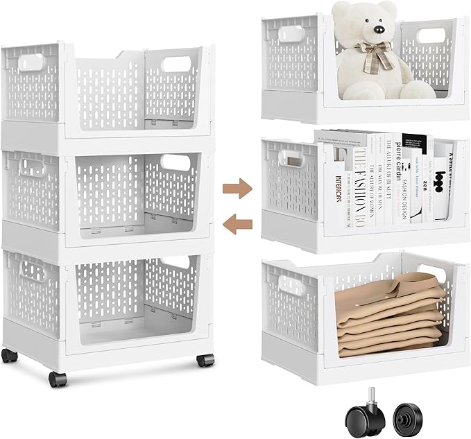 Stackable Storage Bins, Folding Collapsible Closet Organizers and Storage Bins Box, Plastic Shelves Drawer Organizer Container for Closet Office Bedroom Kitchen Bathroom with Wheels, White, 3 Pack