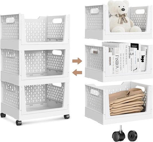 Stackable Storage Bins, Folding Collapsible Closet Organizers and Storage Bins Box, Plastic Shelves Drawer Organizer Container for Closet Office Bedroom Kitchen Bathroom with Wheels, White, 3 Pack