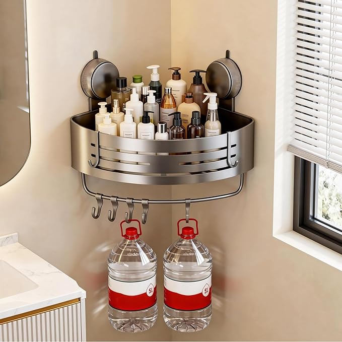 No-Drilling Corner Suction Cup Shower Caddy(1-Pack Gray),Rust-Proof and Durable Bathroom Organizer with Towel Bar & Hooks,Modern Large-Capacity Wall-Mounted Shower Shelf