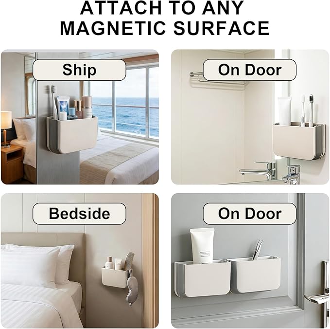 2 Pack Magnetic Toothbrush Holder for Cruise Cabin Walls, Foldable Travel Toiletry Organizer, No Drilling Cruise Ship Cabin Essentials