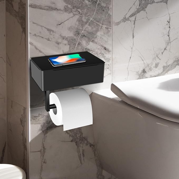 Toilet Paper Holder with Storage, Shelf of Bathroom Toilet Tissue Holder, Toilet Paper Roll Holder, Black Stainless Steel Wall Mount, No Installation & Flushable Wet Wipes Storage