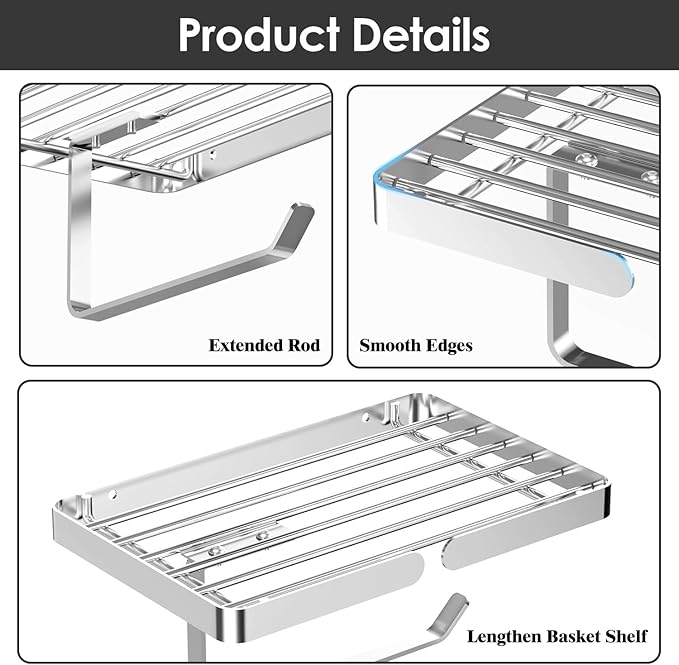 Toilet Paper Holder with Wipes Holder, Self Adhesive Toilet Rolls Holder Without Drilling, Rustproof Stainless Steel
