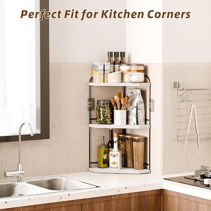 Corner Bathroom Counter Organizer, 3-Tier Wood Countertop Organizer for Perfume, Makeup Storage, Skincare Organizers for Vanity, Counter Corner Shelf for Kitchen, Bathroom, Dresser (White)