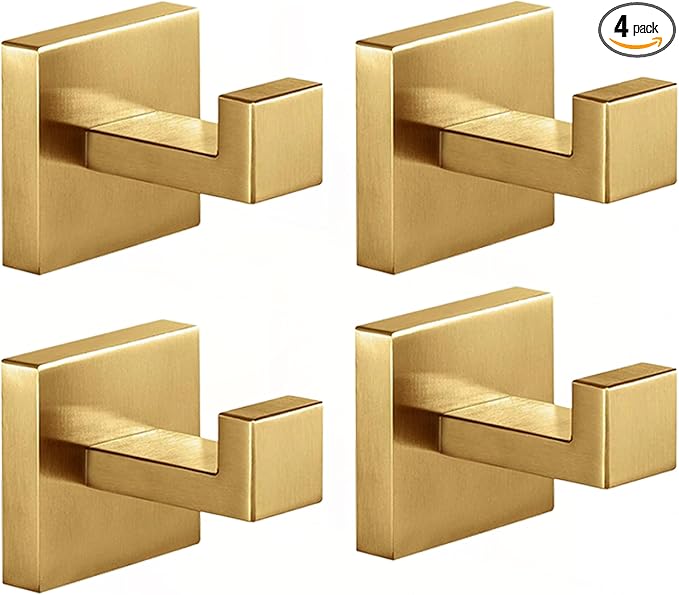Kruodop 4 PCS Towel Hooks for Bathroom, Wall Mount Towel Holder, Black Matte Wall Robe Hook,Square Stainless Steel Door Hanger Towel Hook for Kitchen, Bedroom,Hotel,Pool,Coats（Gold）