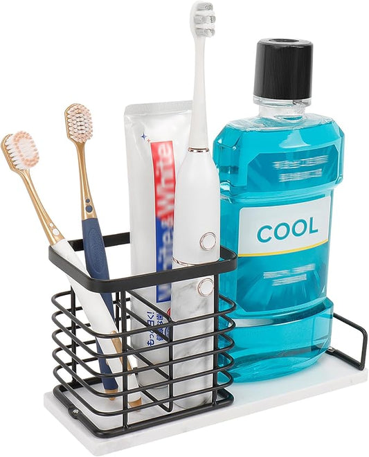 Toothbrush Holder, Luxurious Metal Toothbrush Toothpaste Holder with Marble Base for Bathroom, Multi-Slots Openwork Design, Bathroom Accessory for Storage and Organizer (Large, Matte Black)