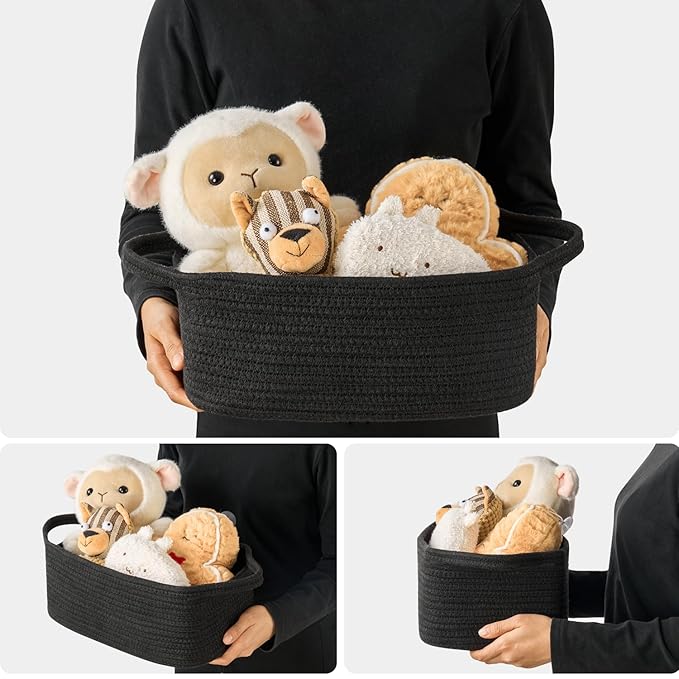 Small Woven Gift Basket Empty with Bag & Ribbon - Gifts for Mom, Baby Shower, Birthdays & Raffle - Cotton Rope Storage Basket for Dog Toys or Shelf - 12"x8"x5", Black