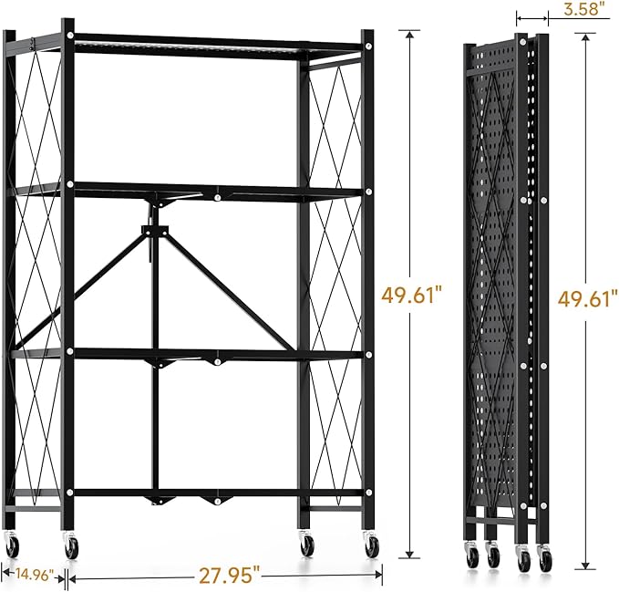 HealSmart Heavy Duty 4-Tier Foldable Metal Rack, 14.96" D x 27.95" W x 49.61" H Storage Shelving Unit 1000 lbs with Wheels Moving Easily Organizer Shelves Great for Garage Kitchen, Black