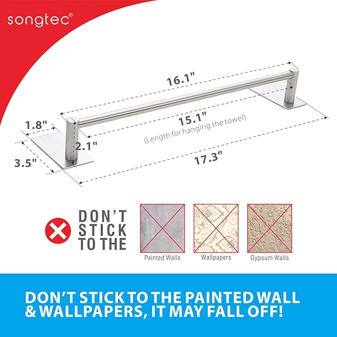 Songtec Bathroom Towel Bar 16-inch, No Drill Stick On Towel Rack, Easy Install with Self-Adhesive, Premium SUS304 Stainless Steel - Brushed Nickle