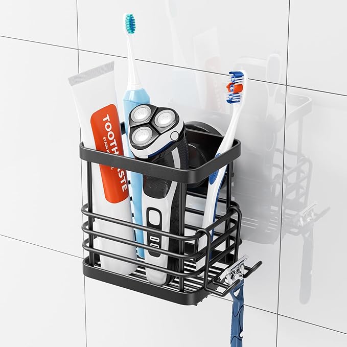 TAILI Patented Suction Cup Toothbrush Holder, Stainless Steel Anti-Puddling Shower Toothbrush Holder, No Drilling Removable Organizer for Bathroom Toothpaste, Razor, Kitchen and Office Items, Black