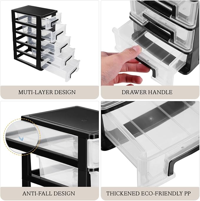Angoily 5-Tier Plastic Drawer Storage Cabinet Portable Desktop Organizer for Office Study Cosmetics Sundries Holder 12.40X8.66X5.98In