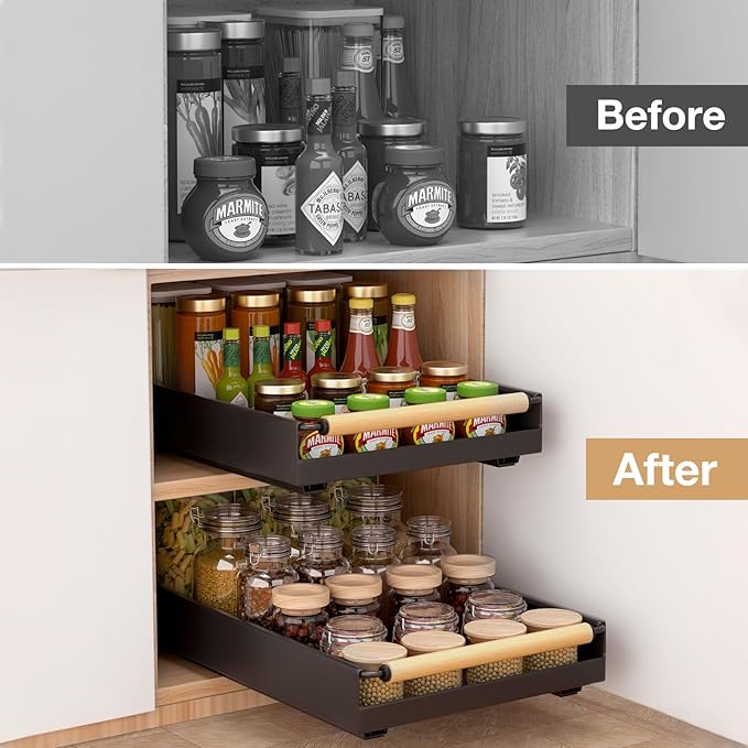 2 Pack Pull out Cabinet Organizer, 16" Deep Pull Out Drawer for Kitchen Cabinets Adhesive with Nano Film, Slide out Cabinet Organizer Shelf for Pantry Bathroom Organization Black