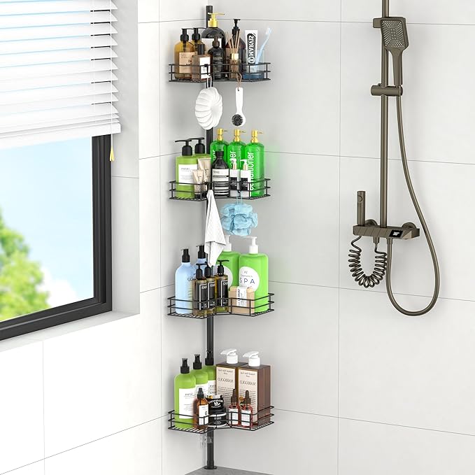 HuggieGems Adjustable Corner Shower Caddy Organizer Rack Shelves, Bathroom Shelf Storage, 4 Tier, Black, 2 Ways of Installation