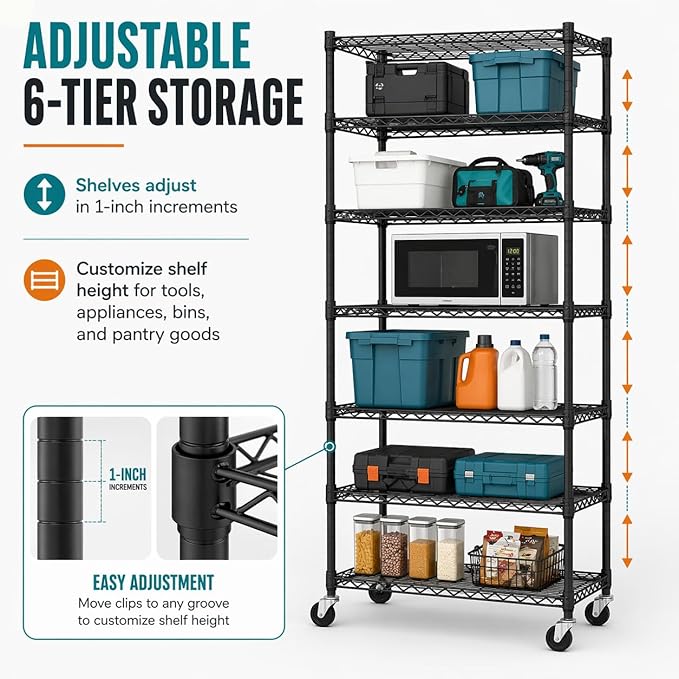 6-Tier Heavy Duty Wire Shelving Unit with Wheels or Leveling Feet, 6000 LBS Total Capacity, Adjustable Metal Storage Rack for Garage, Pantry, Kitchen, Basement, 48" W x 18" D x 76" H, Black