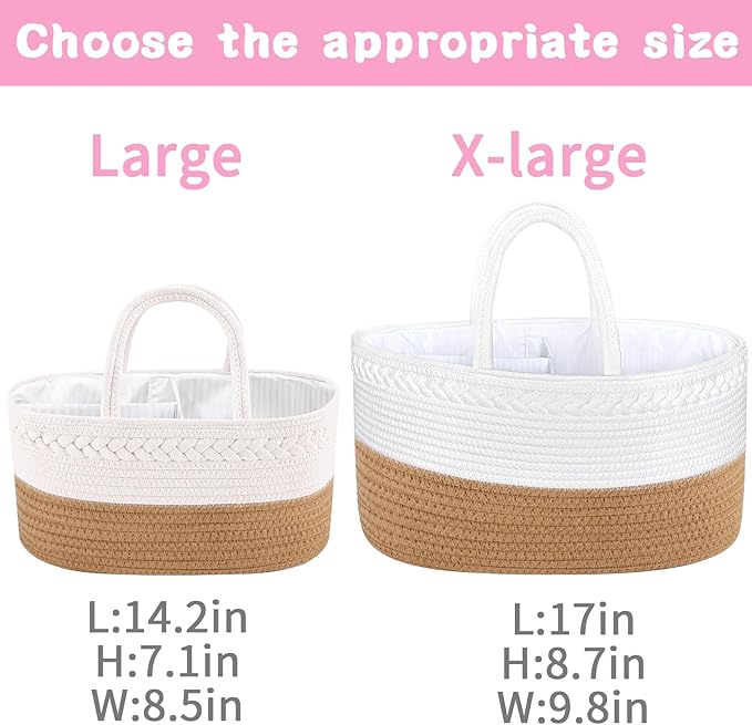 ABenkle X-Large Diaper Caddy Organizer, Boho Rustic Cotton Rope Nursery Baby Basket, Changing Table Organizer for Baby Diaper Storage and Baby Shower