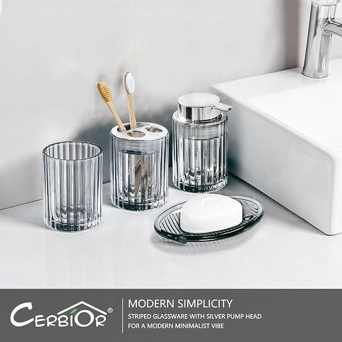 CERBIOR Bathroom Accessories Set, 4 Pcs Glass Accessories Sets Includes Soap Dispenser, Toothbrush Holder, Toothbrush Cup, Soap Dish for Decorative Countertop and Housewarming Gift,Silver Grey
