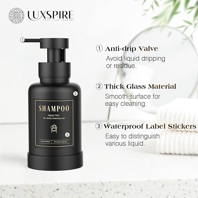 Luxspire Foaming Soap Dispenser, Glass Foam Pump Soap Dispenser, Non-Slip Hand Soap Bottle with 5 Waterproof Labels, 15 Oz Refillable Liquid Soap Bottle for Bathroom & Kitchen, Black, 1 Pack