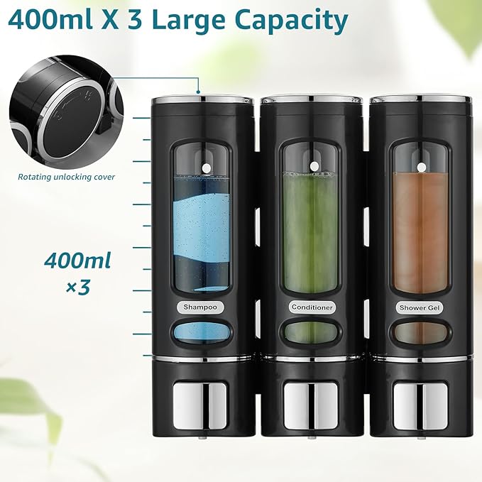Shampoo and Conditioner Dispenser,Shower Shampoo Dispenser 3 Chamber No Drilled Shampoo Dispenser for Shower Wall Mounted Shower Dispenser Body Wash Dispenser for Bathroom Kitchen Hotel, Black