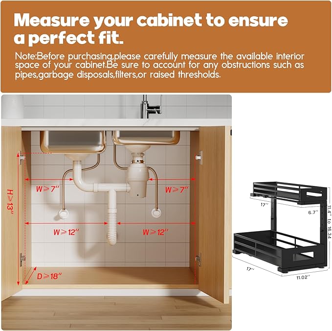 2-Pack 17"Deep Under Sink Organizer And Storage, 2-Tier L-Shaped Pull Out Cabinet Organizer with Upgraded Slide Rails, Height Adjustable Drawers for Kitchen&Bathroom, Extra-Large Storage Shelves–Black