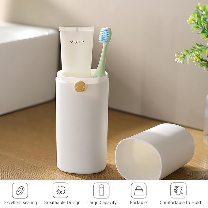 Toothbrush Travel Case, Portable Tooth Brush Holder with Secure Lock, Toothpaste Cover Container with Mouthwash Cup, Compact Oral Clean Tools Organizer,Vent Holes for Drainage, Great for Family Trips