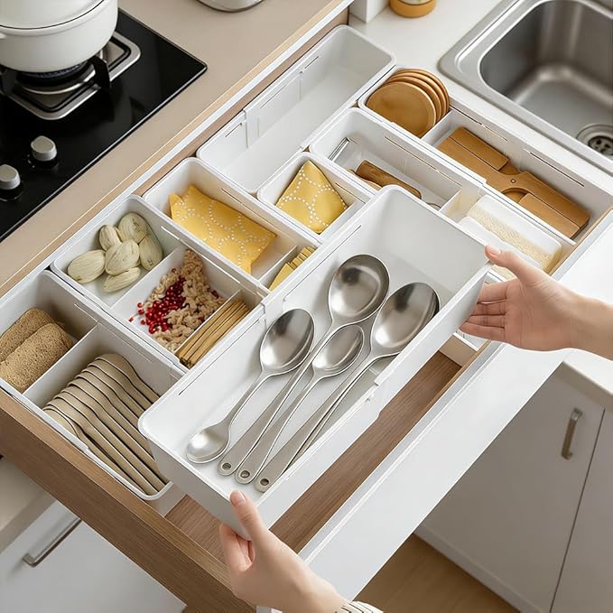 Adjustable Sliding Drawer Organizer Bin - 2 PCS Deep Drawer Organizer Bin Expandable Kitchen Organizer Trays for Kitchen Utensils, BBQ Tools, Home, Office, Makeup Storage Tools, 2PCS