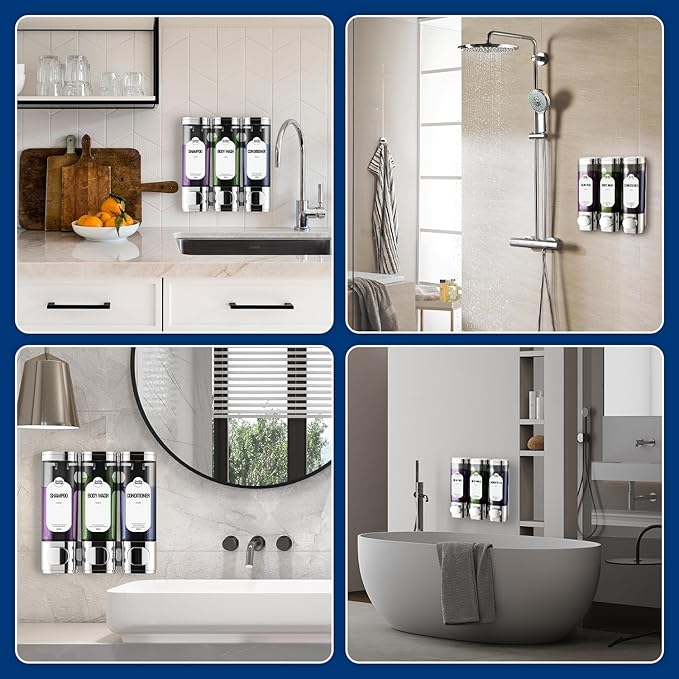 Shampoo and Conditioner Dispenser 3 Chamber No Drill, HUOTDY SUNTYS Shower Soap Dispenser Wall Mounted,Shampoo Dispenser for Shower Wall Body Wash Dispenser for Bathroom Toilet Hotel Kitchen (Chrome)