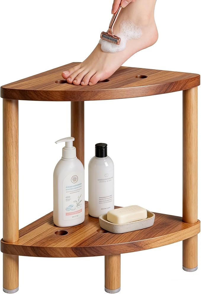 Bathroom Corner Shower Stool with Storage Shelf, Shower Foot Rest 15in, Wood Shower Stool for Shaving Legs, Waterproof Corner Shower Stool for Inside Small Shower Spaces, Acacia Wood