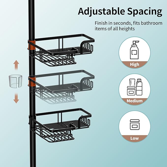 KEGII 2-in-1 Soap Holders x 2 & 32 Hooks Shower Caddy Tension Pole, Stainless Steel Adjustable Corner Shower Organizer for Bathroom, 25–114.2 Inches, Black