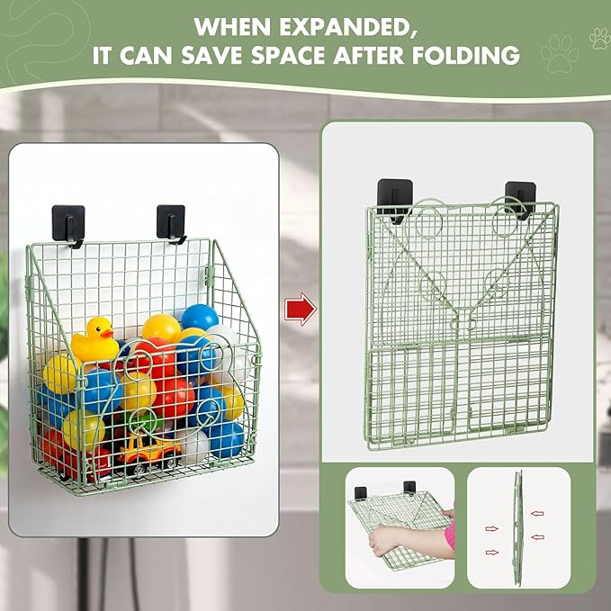 Greentainer Bath Toy Storage Organizer, Large Rustproof Metal Wire Basket, Foldable Wall Mounted Hanging Bathtub Toy Holder with Drainage, No Drilling Adhesive Shower Caddy for Bathroom Tub