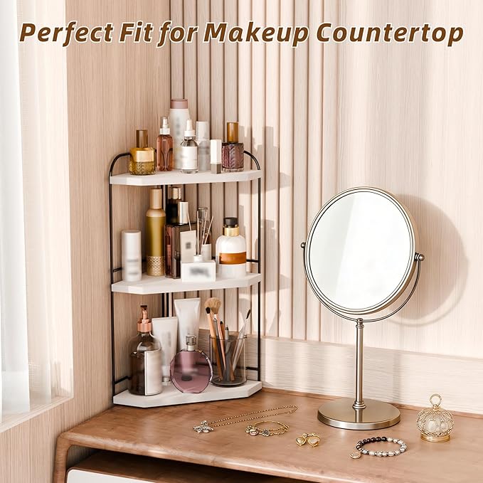 Corner Bathroom Counter Organizer, 3-Tier Wood Countertop Organizer for Perfume, Makeup Storage, Skincare Organizers for Vanity, Counter Corner Shelf for Kitchen, Bathroom, Dresser (White)