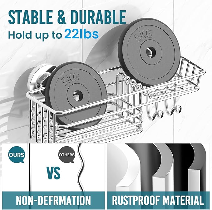 TAILI Shower Caddy with Suction Cups, Wall Mounted Organizer for Small Bathrooms, Kitchen, Removable Drill-Free Heavy Duty Shelf Basket, Silver