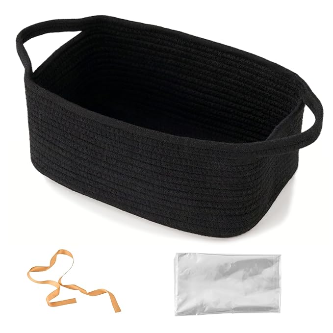 Small Woven Gift Basket Empty with Bag & Ribbon - Gifts for Mom, Baby Shower, Birthdays & Raffle - Cotton Rope Storage Basket for Dog Toys or Shelf - 12"x8"x5", Black