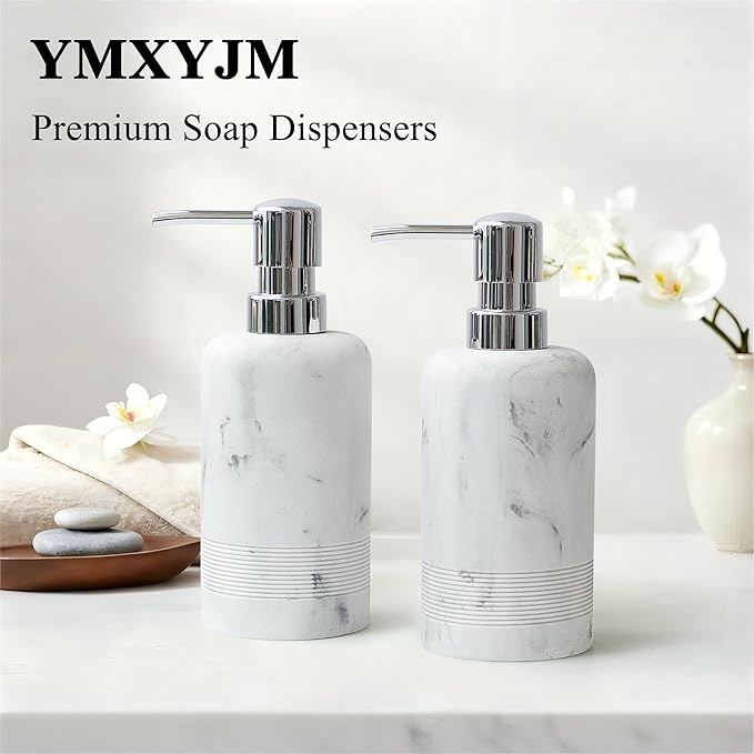YMXYJM Resin Soap Dispenser Sets, 2 Pcs Heavy Lotion Dispensers,10.8oz Refillable Liquid Soap Dispensers with Rust-Proof Pump for Bathroom Countertop or Kitchen, Artificial Marble White