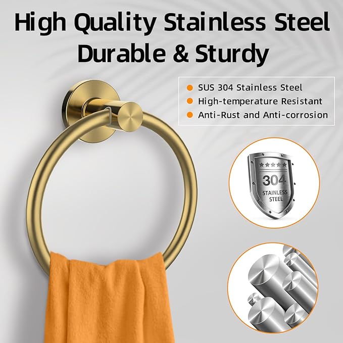 Towel Ring 2Pack, SUS304 Stainless Steel Hand Towel Holder for Bathroom Kitchen, Modern Style Towel Hanger, Thicken Ring Towel Holder, Towel Rack Round Wall Mounted (2, Brushed Gold)