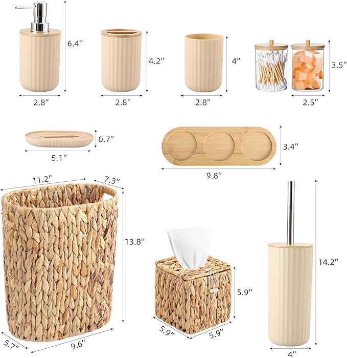 Bathroom Accessory Set, 10 Pieces Bath Set- Wicker Trash Can Tissue Box Soap Dish Toothbrush Holder Rinse Cup Lotion Bottle Toilet Brush Qtip Holder - Practical Bathroom Decor Sets (Beige, Bath Set)