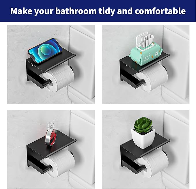 GLNLQ Matte Black Toilet Paper Holder with Shelf, Fits Mega Rolls, Rustproof Stainless Steel, Self Adhesive Wall Mount Toilet Paper Roll Holder, for Bathroom, Washroom, Kitchen, RV