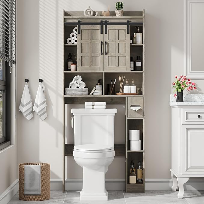 Halitaa Over The Toilet Storage Cabinet, Farmhouse Storage Cabinet Over Toilet with Sliding Doors，Home Space-Saving Toilet Rack, for Bathroom, Restroom, Laundry.Wash Grey