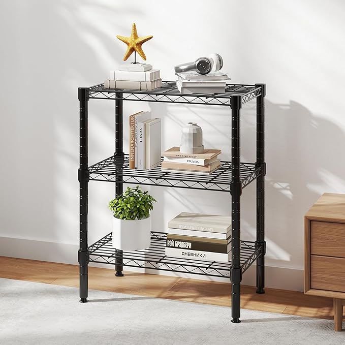 HealSmart 3-Tier Metal Wire Storage Shelves, Adjustable Standing Storage Rack Shelf, Heavy Duty Steel Shelving Unit Organizers for Kitchen Bathroom Pantry Garage, 23.2" W×13.4" D×30.3" H, Black