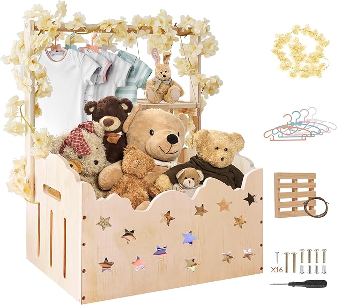 Wooden Baby Shower Crate Closet with Star Design, Hangers & Handle, Large Wooden Crate for Baby Shower Display, Newborn Welcome Basket, Nursery Storage & Decor Organizer