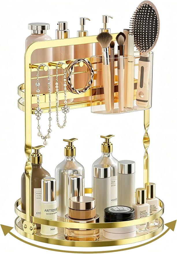 360 Rotating Makeup Organizer for Vanity, 2-Tier Gold Perfume Organizer, Lazy Susan for Bathroom Counter Organizer, Spinning Skincare Dresser Storage with Makeup Brush Holder & Jewelry Hooks