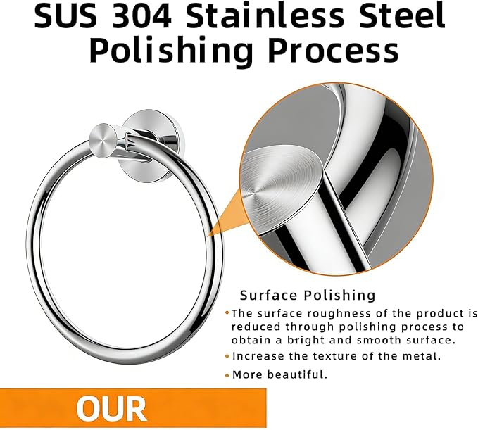 Towel Ring 2Pack, SUS304 Stainless Steel Hand Towel Holder for Bathroom Kitchen, Modern Style Towel Hanger, Thicken Ring Towel Holder, Towel Rack Round Wall Mounted (2, Bright Silver)