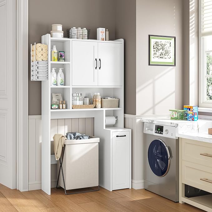 UPOSOJA Over The Toilet Storage Cabinet with Pulley Small Bathroom Storage, Space Saver W/Adjustable Shelf & Rack for Bathroom, Restroom, Laundry (White-Type B)